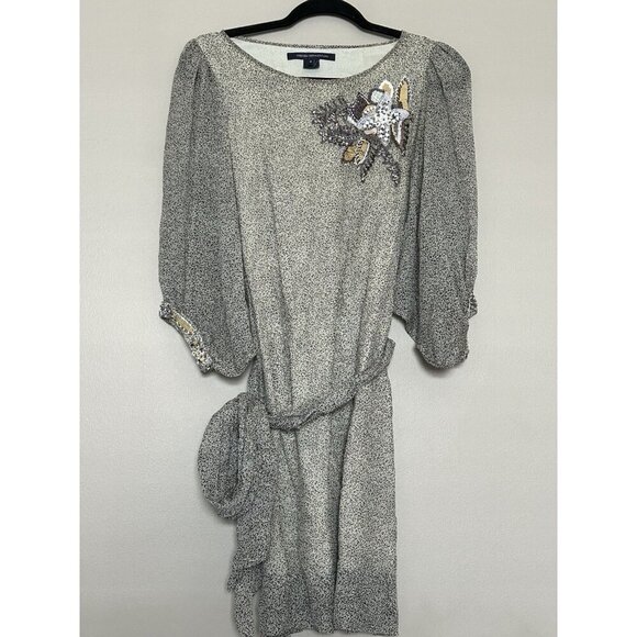 100% Silk French Connection Beaded Embellished Midi Dress Size 6 Black Beige - Picture 4 of 14